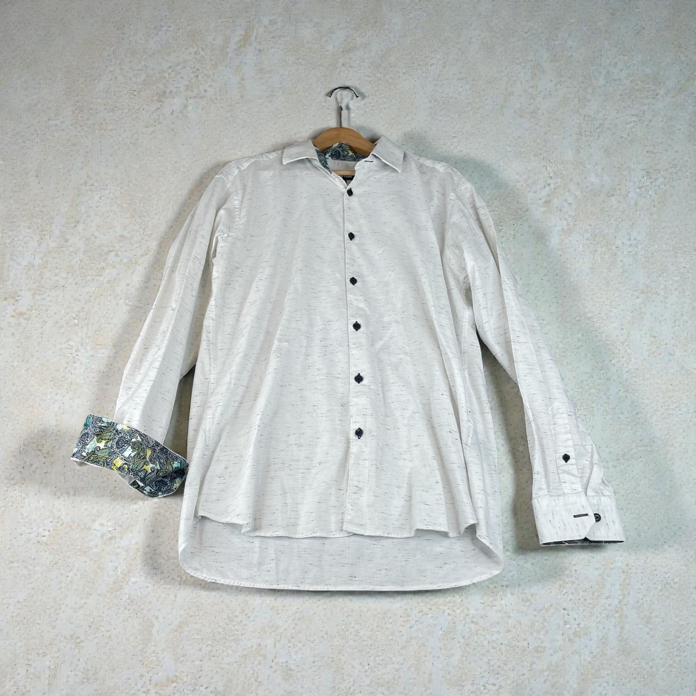 Jared Lang Mens White Paisley Trim Long Sleeve Button Up Shirt XL‎